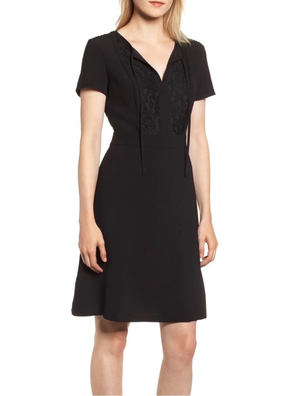Karl Lagerfeld Paris Black Lace Dress Womens 12 Tie Neck Short Sleeve Career